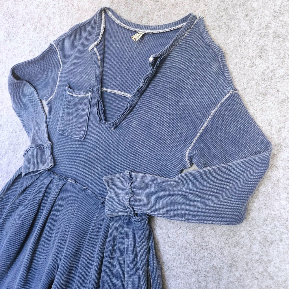 Free People Intimately Waffle Knit Thermal Wide Leg Jumpsuit Blue XS